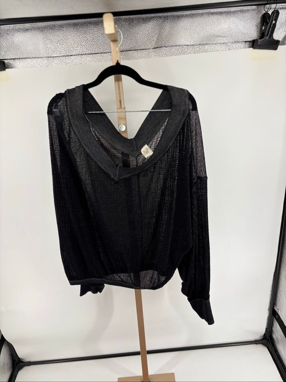 We The Free South Side Sheer Waffle Knit V Neck Top Womens Size Medium